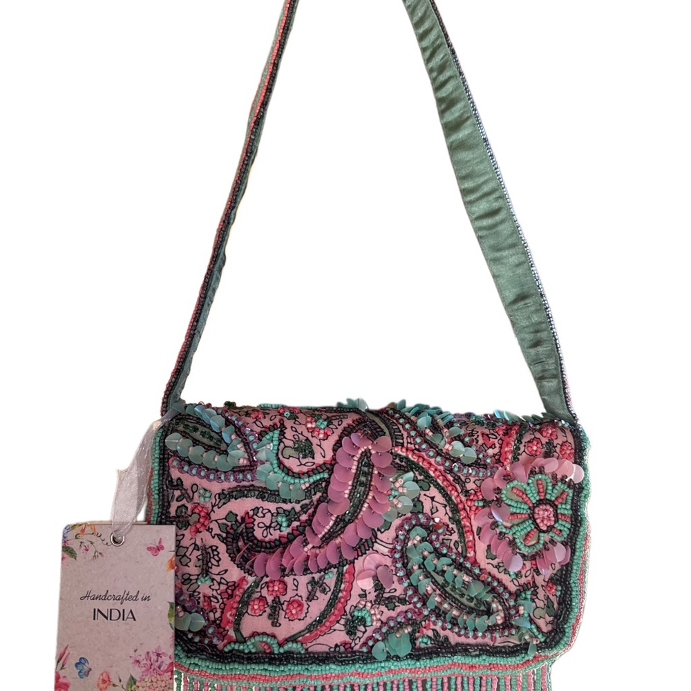 Handcrafted Pink & Teal Beaded Shoulder Bag